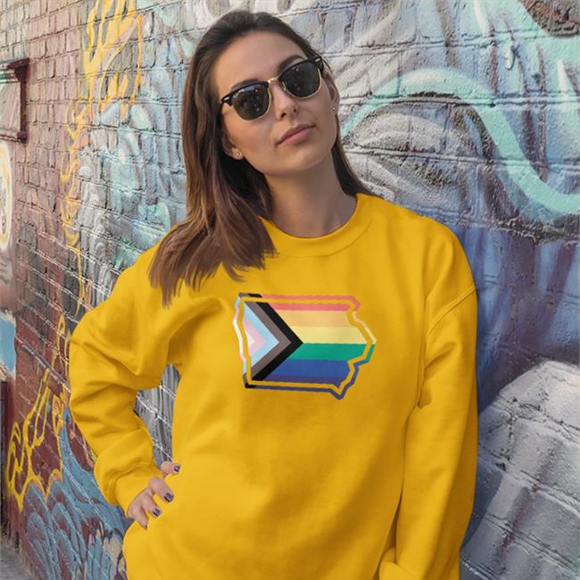 C.J. Petersen Wearing Iowa Outline Progress Pride Flag T Shirts