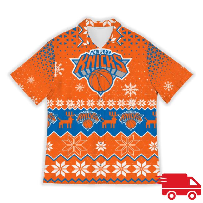 Official New York Knicks Snowflake Pattern 3D Hawaiian Shirts Christmas Gift