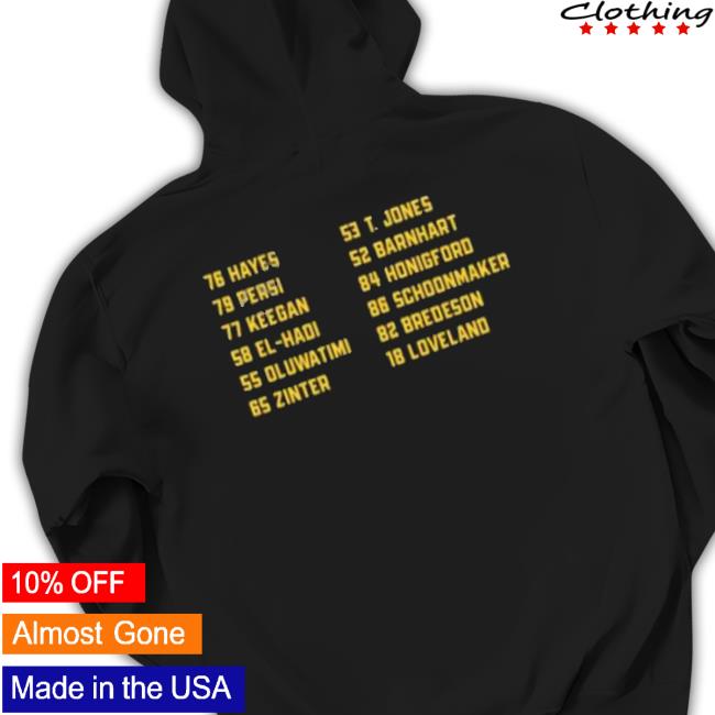 Official Ryan Zuke 76 Hayes 53 T. Jones 79 Persi 52 Barnhart 77 Keegan 84 Honigford 58 Elhadi 86 Schoonmaker 55 Oluwatimi 82 Bredeson 65 Zinter Sweatshirts