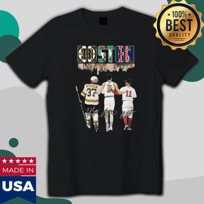 Boston Sports Team Skyline Patrice Bergeron Jayson Tatum And Rafael Devers Signatures Tee